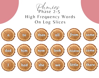 Phase 2 to 5 High Frequency Words on Natural Looking Log Slices