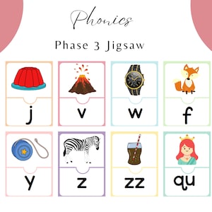 Puede incluir: Un rompecabezas educativo colorido para niños que aprenden fonética. Las piezas del rompecabezas presentan imágenes de un volcán, un reloj, un zorro, un yoyo, una cebra, un vaso de soda, una princesa y un tazón de jalea. Las piezas del rompecabezas también presentan las letras j, v, w, f, y, z, zz y qu.