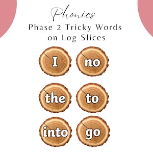 Op de afbeelding: Zes ronde houten schijven met de woorden "I", "no", "the", "to", "into" en "go" erop geschreven. Dit zijn veelvoorkomende zichtwoorden voor jonge lezers.