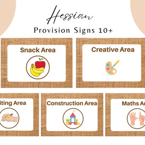 May include: Hessian Provision Signs 10+ with five rectangular signs. Each sign has a burlap border and a white interior with a title and illustration. Titles include Snack Area, Creative Area, Writing Area, Construction Area, and Maths Area.