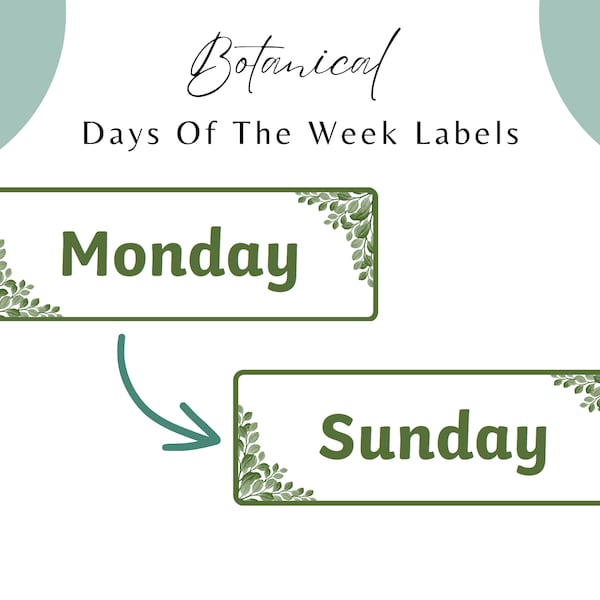 Botanical Days of the week display poster labels flashcards calendar digital download