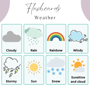 Flashcards meteorológicos Cartões flash para crianças, escolaridade em casa, tipos de clima, recursos educacionais, recursos de aprendizagem, escola