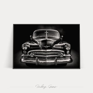 Vintage car no.2 / Digital Art / Monochromatic Close-up / Retro Automobile Art Print / Black and White / Classic Old Car Poster