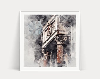 Old house with columns, Facade detail, Historic architecture, Travel art print, European city, Urban decay, Architectural detail poster