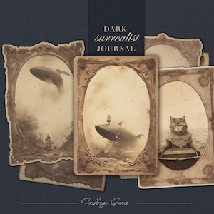 May include: Three vintage-style framed photographs with faded edges. The first image shows a whale flying in the sky. The second image shows a small person standing on a whale flying in the sky. The third image shows a cat wearing a collar and sitting in a chair.
