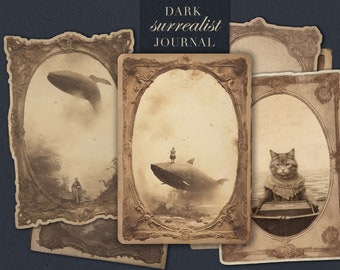 Dark Surrealist Journal Sheets, Mysterious Dreamlike Scenes, Fussy Cut Vintage Cards, Victorian Antique A5 Framed Pages, Grungy Digital