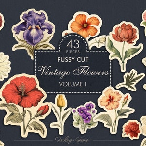 Vintage Flowers Fussy Cut 1 - Junk Journal Embellishments, Digital Collage Sheet, Botanical Illustrations, Printable Stickers Clipart Pack