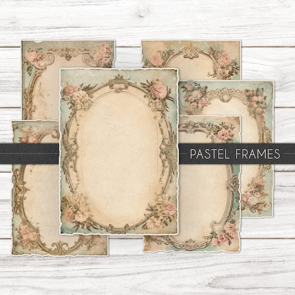 vintage Pastel Frames & Roses, Victorian Ephemera Bundle, Ornate Borders, Shabby Frame Digital Paper, Printable Old Journal Pages, Download