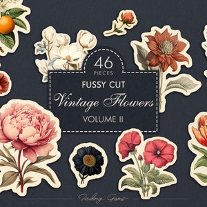 May include: A set of 46 vintage flower illustrations, perfect for crafting and scrapbooking. The illustrations are in a variety of colors and styles, and include flowers like peonies, tulips, and magnolias.