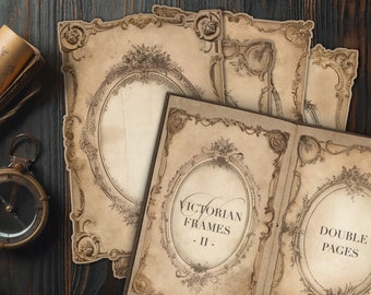Oval Victorian Frames II, Shabby Digital Paper, Antique Embellishments, Printable 8.5x11 Double Pages for Journaling & Invitation Cards