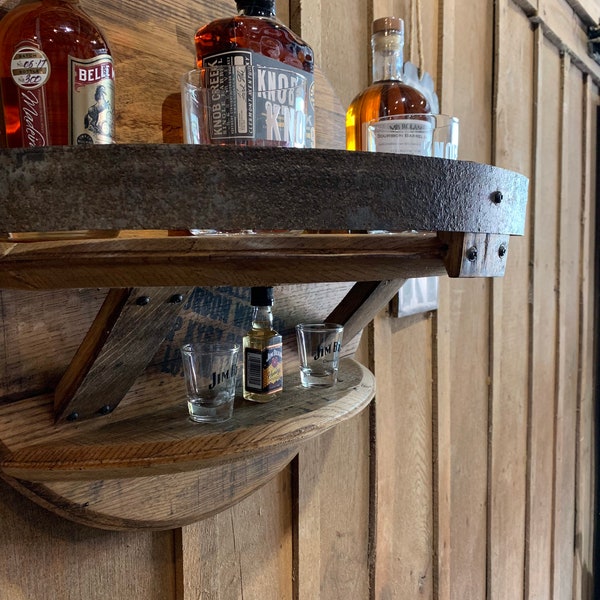 Barrel Head Liquor shelf, Bourbon Bottle Shelf, Mini Bar Display