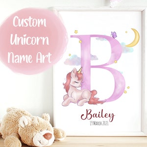 Custom Unicorn Name Print, Unicorn Name Art, Personalised print, Letter Art Print, Unicorn Wall Art, Nursery Unicorn Wall Art