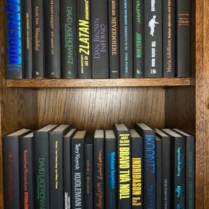 K&ouml;nnte beinhalten: Ein B&uuml;cherregal gef&uuml;llt mit schwarzen B&uuml;chern mit bunten Titeln. Die B&uuml;cher sind in zwei Reihen angeordnet. Die Titel beinhalten "Zlatan", "Inferno", "Neverwhere", "Jordsotm", "Till siste man", "Orkide", "KOONTZ", "Indri&eth;ason", "Bravo tv&aring; noll", "Kuoleman Lumi", "Stenhj&auml;rtat", "Vist", "Pojken i Eken" und mehr.