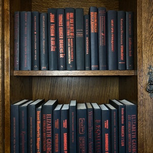 K&ouml;nnte beinhalten: Ein B&uuml;cherregal gef&uuml;llt mit schwarzen B&uuml;chern mit roten Titeln. Die B&uuml;cher sind in zwei Reihen angeordnet. Die obere Reihe hat Titel wie "Nordkorea", "Halla Andan", "Himmel Jord", "Stenhj&auml;rtat" und "Livl&auml;karens bes&ouml;k". Die untere Reihe hat Titel wie "Sanningens Pris", "Equinox", "Andras v&auml;rldar", "Mannen i sj&ouml;n" und "Den verkliga brottslingen".