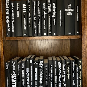 K&ouml;nnte beinhalten: Ein B&uuml;cherregal mit schwarzen B&uuml;chern mit wei&szlig;en Texttiteln. Die B&uuml;cher sind in zwei Reihen angeordnet. Die obere Reihe enth&auml;lt Titel wie "Asyl", "The Step After", "The Sharpener", "The Night Wanderer", "The Multiple Murderer", "Brother Jacob", "On the Heart Still", "Nine Lives", "The Stalker", "The Pilgrim", "Gone Forever". Die untere Reihe enth&auml;lt Titel wie "Eleven Minutes", "Family", "The Son of Glomer", "Trophy Collector", "De Hatsika", "The Doctor as Patient", "Antonia's Revenge", "Stella & Sebastian", "Marijungstedet", "Trophy Collector", "The Good Host", "The World of Melis".