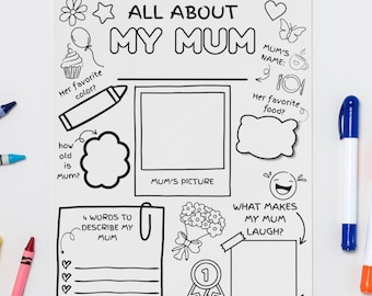 All About My Mum, Mother's Day Printable, Mothers Day Gift, Activity Page, Mothers Day Activity, Mothers Day Coloring Pages for kids craft