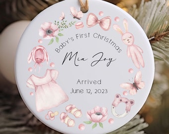 New Baby Girl Ornament, Baby Announcement, Birth Announcement, New Baby Keepsake, Baby's First Christmas, Customized Ornament, Pink Border