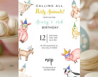 Faire-part d'anniversaire modifiable avec des fêtards, invitation à une fête d'anniversaire avec des animaux de la ferme, PartyAnimal, appel à tous les fêtards, téléchargement numérique