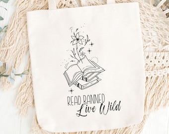 Leer libros prohibidos Tote, Live Wild Tote, Regalo amante de los libros, Bolsa de mano de libros, Bookish, Tote de lectura, Tote de lector, Bolsa de mano de biblioteca, lleno de libros