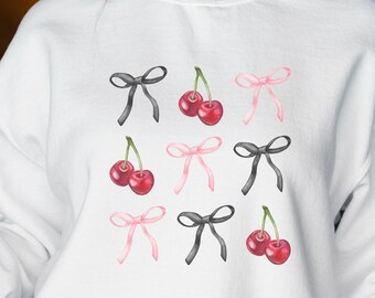 Coquette Cherry and Bow Sweatshirt, Coquette Aesthetic shirt, Ribbon Crewneck, Cottagecore, Coquette Clothing, Trendy Crew, coquett clothes