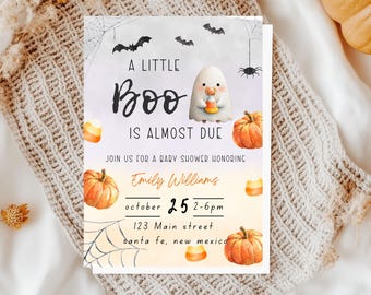 A Little Boo is Almost Due Baby Shower Invite, Editable Halloween Template Cute Ghost Digital Download, Little Boo Invitation, Ghost, Boo