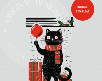 Frohe Catmas PNG • Süße schwarze Katze Clipart mit Ornament • Feiertagskatze Sublimationsdesign • Festliche Kitty Grafik für Shirts & Geschenke