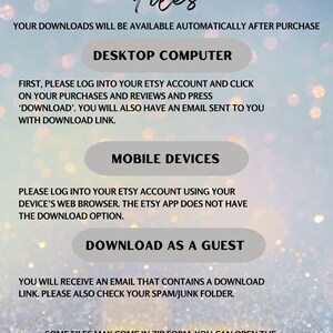 Pode incluir: Um guia de download digital com instru&ccedil;&otilde;es sobre como baixar arquivos do Etsy. O texto inclui etapas para computadores desktop, dispositivos m&oacute;veis e downloads de convidados. O fundo &eacute; um gradiente de azul e dourado.