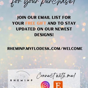 Pode incluir: Gr&aacute;fico digital com fundo brilhante. O texto diz "OBRIGADO pela sua compra!" e convida os espectadores a juntarem-se a uma lista de e-mail para um presente gr&aacute;tis e atualiza&ccedil;&otilde;es de design. Inclui um endere&ccedil;o web e &iacute;cones de m&iacute;dia social.