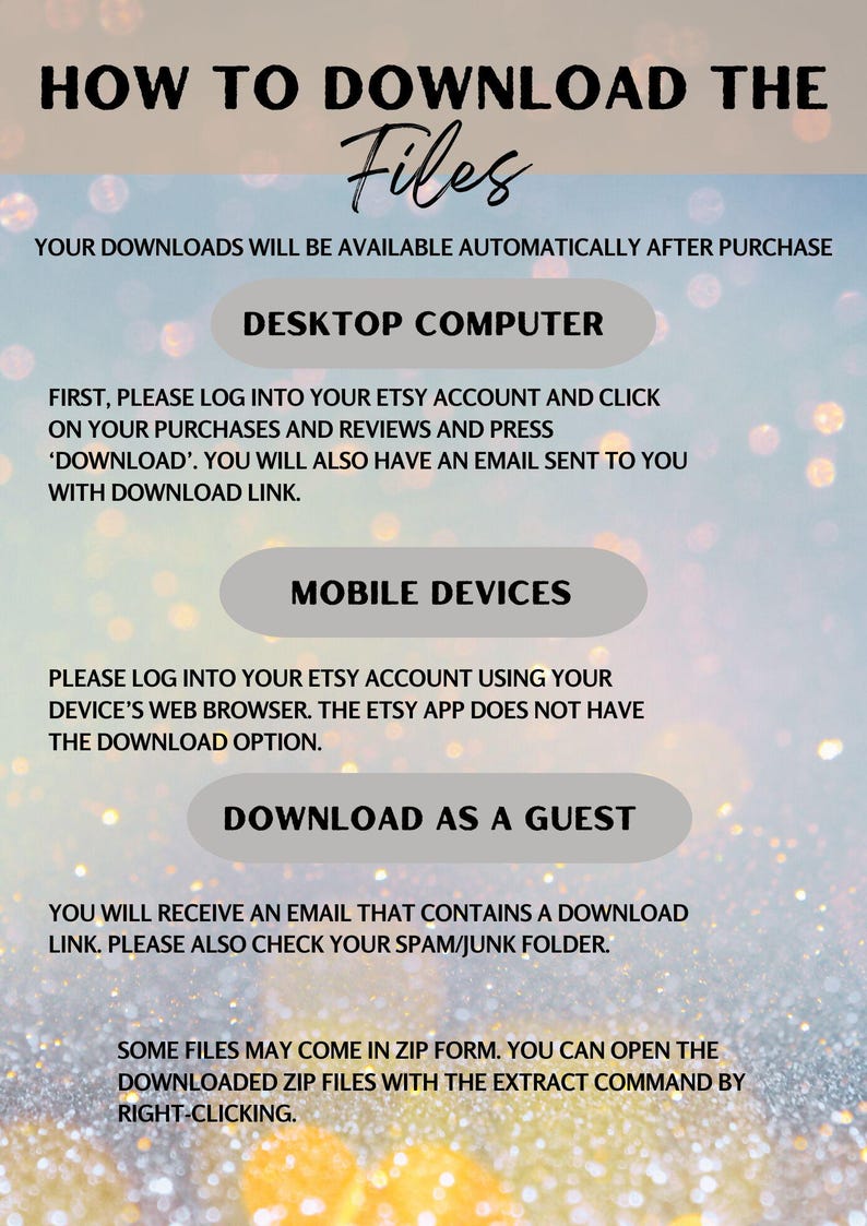 Op de afbeelding: Een digitale downloadgids met instructies over het downloaden van bestanden van Etsy. De tekst bevat stappen voor desktopcomputers, mobiele apparaten en gastdownloads. De achtergrond is een verloop van blauw en goud.