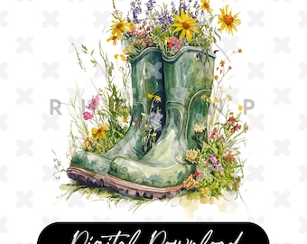 May include: A pair of green rubber boots with a bouquet of wildflowers in them. The boots are sitting on a bed of green grass and wildflowers.