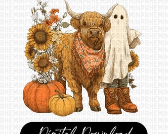 Höstspöke med höglandsko png, Halloween-spöksäsong png, höstko-skjorta png, bu-spökesublimering, höstpumpa png, koälskare png