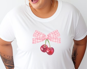 Coquette Cherry en Bow T-shirt, Coquette Esthetisch shirt, Ribbon Crewneck, Cottagecore, Coquette Kleding, Trendy Crew, coquett kleding