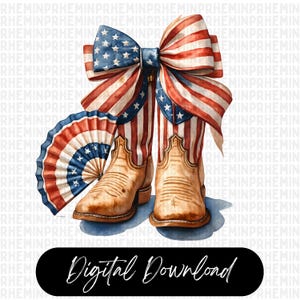 Op de afbeelding: Waterverfillustratie met cowboylaarzen, een strik en een waaier, allemaal versierd met het Amerikaanse vlagontwerp. De laarzen zijn lichtbruin. De afbeelding bevat de tekst "Digital Download".