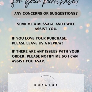May include: A digital graphic with the text "THANK YOU for your purchase!" and other customer service prompts. The background is a gradient of blue and gold with a glitter effect. The seller's logo is at the bottom.