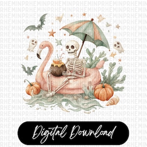 Op de afbeelding: Waterverfillustratie met een skelet dat ontspant op een roze flamingo-drijver, met een tropisch drankje onder een groen en oranje parasol. Inclusief pompoenen, vleermuizen, geesten en de tekst "Digital Download".