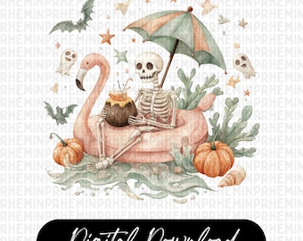 Summerween Vibes PNG, Boho Halloween, Funny Skeleton Float Halloween in Summer png, Trendy Sublimation Spooky Flamingo Pool Ghost Creepy png