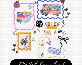 Back to School PNG, Trendy School png, Preppy Png, Doodle back to School png, Digital Download, Coquette Bow, Teacher Png, Sublimation