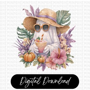 May include: Watercolor illustration of a ghost wearing sunglasses and a straw hat, holding a tropical drink. Surrounded by flowers, pumpkins, and foliage. The image has the text "Digital Download" on a black banner.
