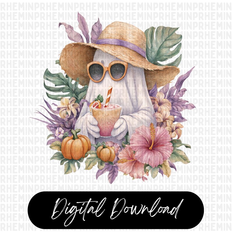 May include: Watercolor illustration of a ghost wearing sunglasses and a straw hat, holding a tropical drink. Surrounded by flowers, pumpkins, and foliage. The image has the text "Digital Download" on a black banner.