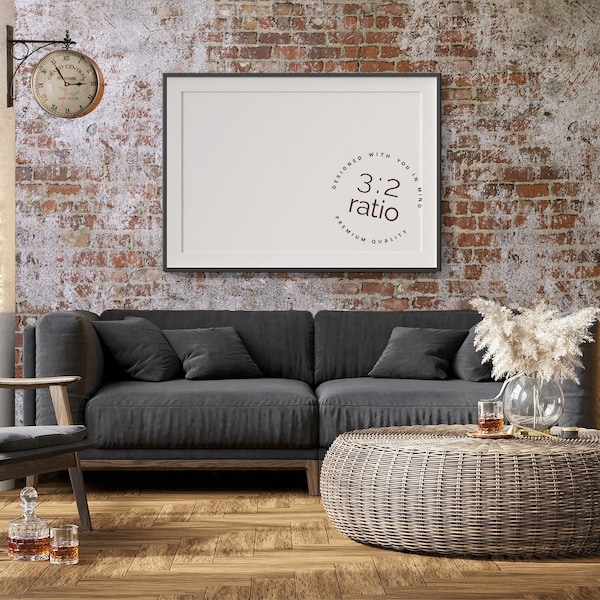 Retro Horizontal Sofa Art Poster Brick Loft Mockup Urban Industrial Living Room Interior 36x24 Modern Photography 3:2 Ratio Thin Black Frame