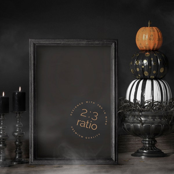Gothic Tabletop 8x12 Frame Dark Moody Romantic Victorian Mockup 2:3 Ratio Vintage Black Candles Painted Halloween Pumpkins Minimal Aesthetic
