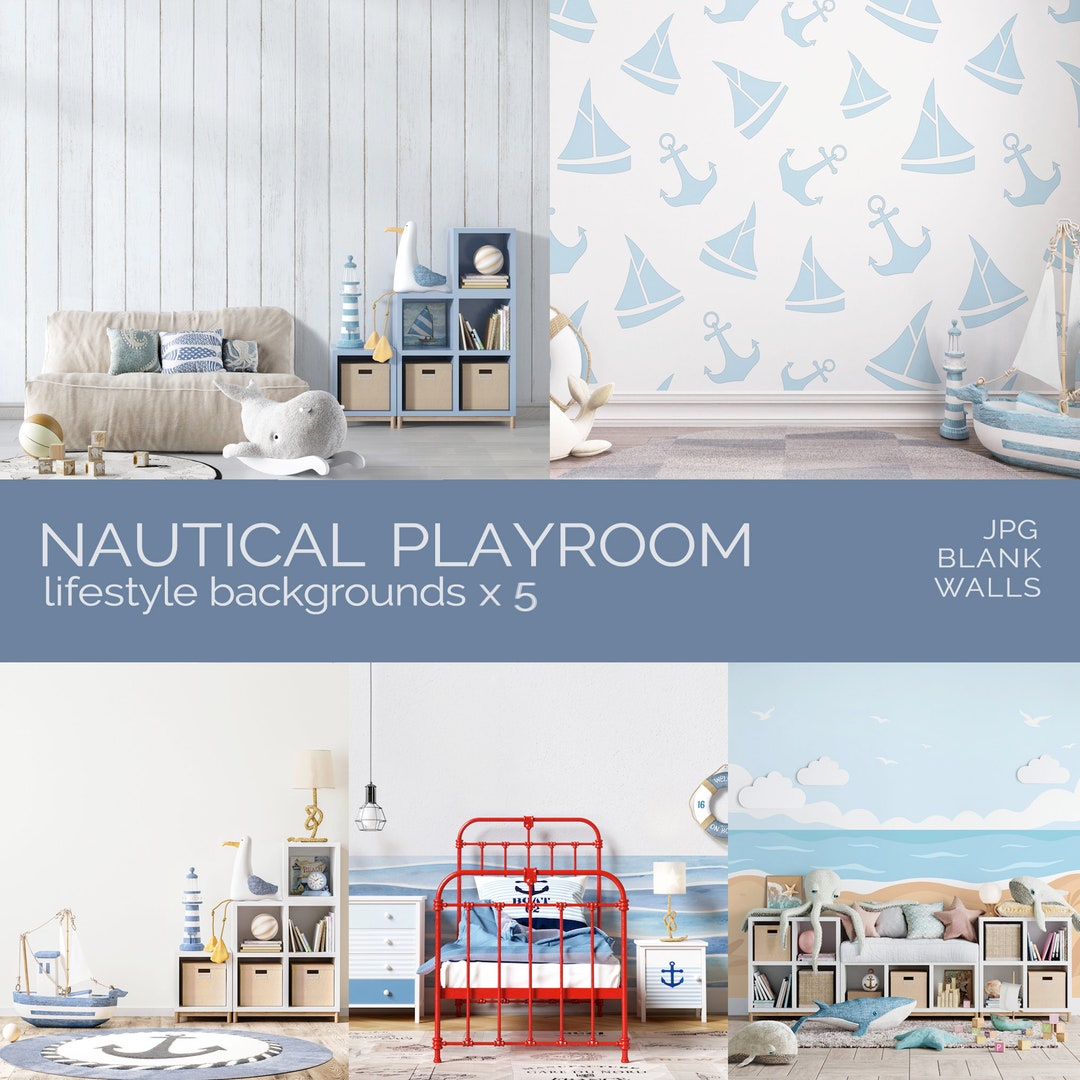 Blank Wall Nautical Playroom Mockup Bundle Kids Coastal Styled Bedroom ...