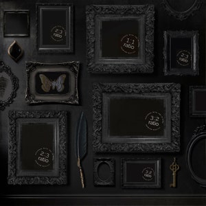 Dark Baroque Gallery Mockup 6 Frame Variety WhimsiGoth Aesthetic Vintage Black Elegant Moody Magik Oil Painting Esoteric Wall Art Poster Set