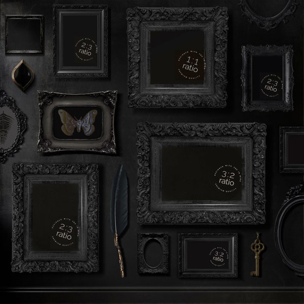 Dark Barock Gallery Wall 6 Rahmen Vielfalt WhimsiGoth Ästhetik Vintage schwarz elegante Stimmung Ölgemälde Esoterik Wandkunst Poster Set Mockups