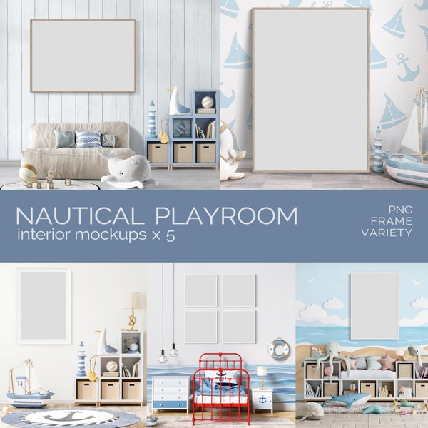 Playroom Mockup Bundle Kids Nautical Styled Blue Bedrooms • Horizontal Square Vertical Poster Frames Childrens Nursery Wall Art PNG Overlays