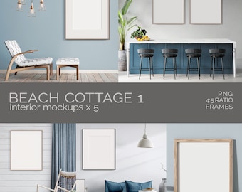 Beach Cottage Mockup Bundle Modern Coastal Boho Wall Art 4:5 Ratio PNG Frame Variety Thin Vertical Photo Poster • Cool Ocean Blue Interiors
