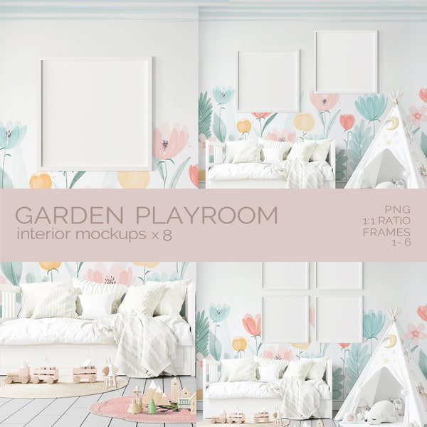 Playroom Mockup Adorable Pastel Spring Garden Theme • Nursery Watercolor 1 - 6 Wall Art Square Poster Frame Sets Styled Childrens Background