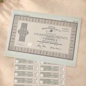 Historical share certificate Georg Geiling & Co AG 1985 | Collective share certificate 10 shares | Bacharach am Rhein | Vintage security with coupon sheet