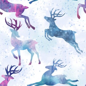 Watercolour reindeers seamless pattern in white , winter  design repeat digital file , fabric and wallpaper, wrapping paper