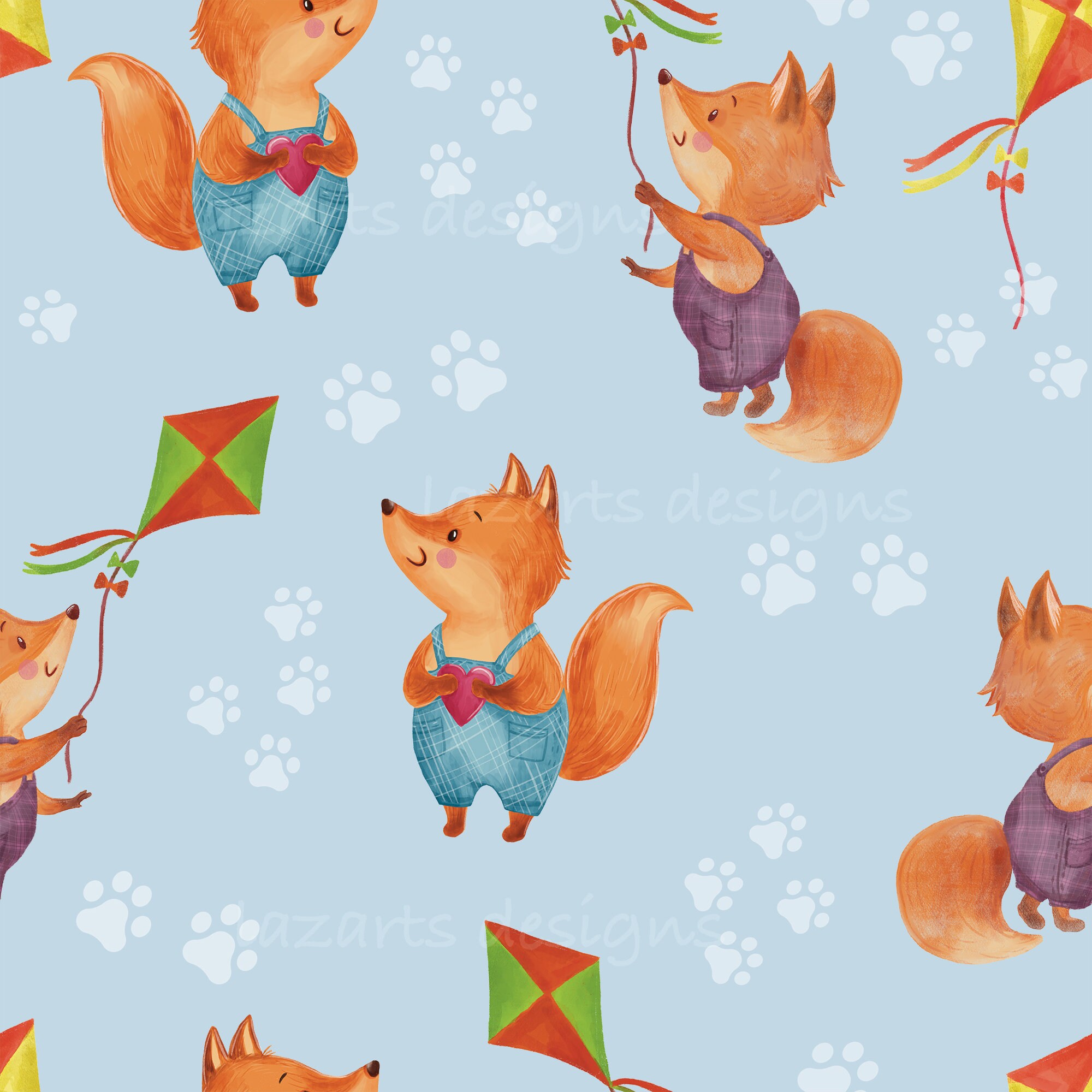 Exclusive Seamless Pattern With Cute Fox Playing With Kites - Etsy